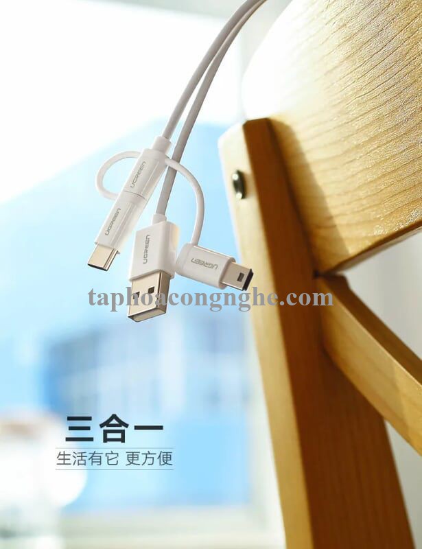 Ugreen 40766 0.5m màu Bạc Cáp dữ liệu USB 3trong1 micro + lightning + mini USB + truyền dữ liệu từ máy tính ra điện thoại US185 30040766